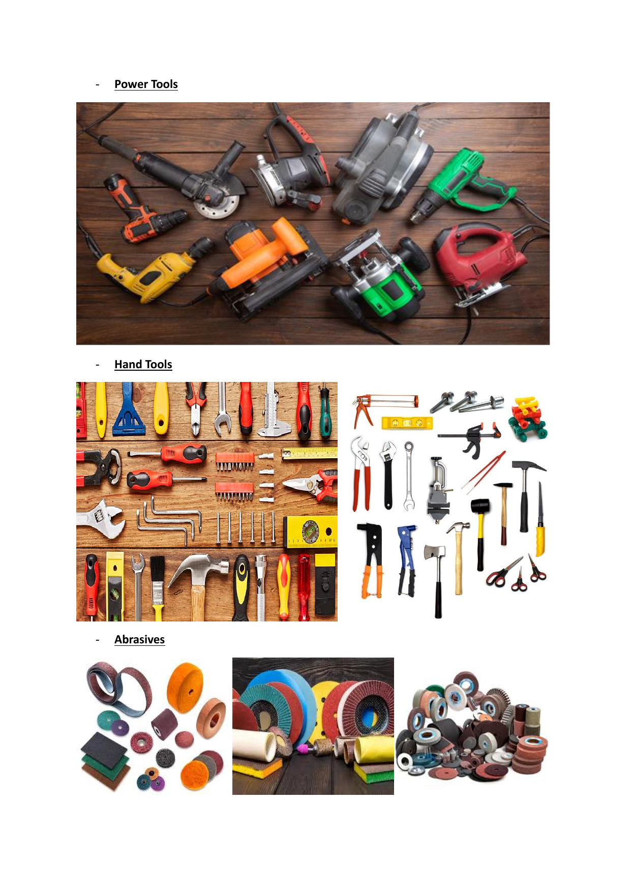 Power tools, hand tools and abrasives